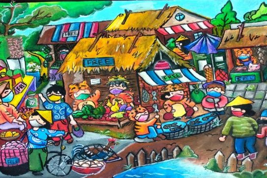 海防市少儿的多幅绘画作品在由中国浙江省宁波市图书馆举办的国际绘画大赛中获得高奖